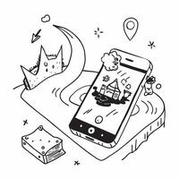 Fantasy RPG Mobile Gaming concept as A player deep in a fantasy RPG on their smartphone exploring vast landscapes and completing epic quests in Photo Stock Concept Clear vector