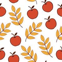 Elegant autumn harvest seamless pattern with bright red apples amber leaves and delicate branches for a refined fall design concept as Refined autumn harvest pattern with red apple Clear vector