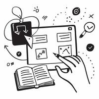 E Learning Course Creator at Work concept as An educator designs an interactive e learning course focusing on engaging content and visual aids in Photo Stock Concept Clear vector