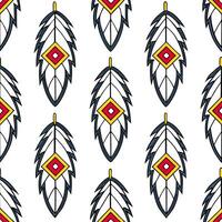 Design a seamless tile pattern using Native American decorations featuring feathers geometric designs and vibrant color accents concept as Use Native American decorations includin Clear vector