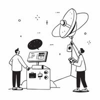 Deep Space Communication concept as Technicians monitor deep space communication systems at a ground station ensuring contact with distant spacecraft in Photo Stock Concept Clear Set 2 vector