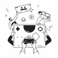 Cross Platform Gaming Session concept as A group of gamers enjoys a cross platform gaming session playing together regardless of device type in Photo Stock Concept Clear vector