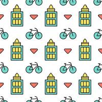 Compose vibrant seamless pattern tiles adorned with urban local icons balanced white space and dynamic repeat structure for web use concept as Dynamic tile pattern featuring urban Clear vector