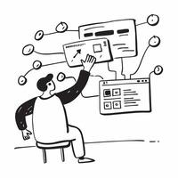 Cloud Architect Designing Network Solutions concept as A cloud architect designs and visualizes network solutions on a digital interface in a modern office setting in Photo Stock Clear vector