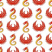 Chinese dragons and phoenixes seamless tile pattern with vibrant reds and golds for festive decor concept as Vibrant red dragons and golden phoenixes arranged seamlessly for festiv Clear Set 2 vector
