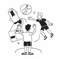 Boy with a prosthetic leg playing soccer with his team concept as A boy with a prosthetic leg joyfully playing soccer with his teammates showcasing resilience inclusion and the exc Clear vector
