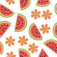 Bold summer seamless pattern with tropical fruit slices and bright floral accents for a fun tropical look concept as Tropical fruit and flower pattern with bold slices and bright c Clear vector
