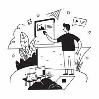 Virtual teacher conducting an online class from a garden patio concept as A virtual teacher conducting an online class from a garden patio highlighting the blend of teaching and na v1 vector