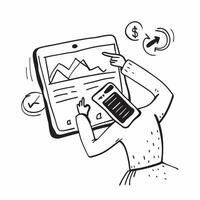 Trader studying financial news on a tablet concept as A trader studying the latest financial news on a tablet emphasizing the importance of staying informed and adapting to market v1 vector