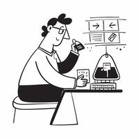 Trader enjoying a coffee break while monitoring the market concept as A trader enjoying a coffee break while keeping an eye on the market showcasing the balance between work and re v1 vector