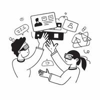 Team collaborating on virtual reality project concept as A diverse team collaborating on a virtual reality project using VR headsets showcasing teamwork and digital transformation v1 vector