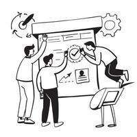 Team collaborating with a whiteboard schedule concept as A team collaborating around a whiteboard schedule representing effective time management teamwork and high performance in a v1 vector