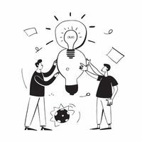 Team brainstorming with light bulb concept as A team of colleagues brainstorming with a glowing light bulb in the center representing collaborative new ideas for work in Photo Sto v1 vector
