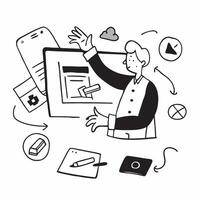 Teacher using digital tools in classroom concept as A teacher using digital tools and technology in a classroom representing digital transformation in education in Photo Stock Con v1 vector