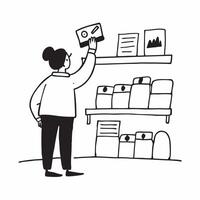 Retail shop owner organizing products on shelves concept as A retail shop owner organizing products on shelves representing the importance of organization inventory management and v1 vector