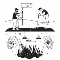 Researchers replanting seagrass beds concept as High resolution image of researchers replanting seagrass beds in the ocean with a glossy backdrop symbolizing efforts to restore mar v1 vector