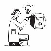 Researcher with light bulb in library concept as A researcher holding a light bulb in a library highlighting the discovery and development of new ideas through research in Photo S v1 vector