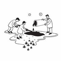 Researchers cleaning oil spill concept as High resolution image of researchers cleaning up an oil spill on a beach with a glossy backdrop illustrating human efforts to mitigate pol v1 vector