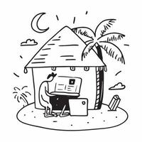 Remote worker coding on a laptop in a tropical beach hut concept as A remote worker coding on a laptop in a tropical beach hut highlighting the blend of work and paradise with the v1 vector