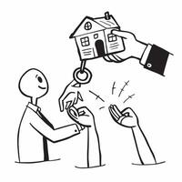 Real estate agent handing keys to buyers concept as A real estate agent handing the keys to buyers symbolizing the successful purchase and transition into a new home for sale in P v1 vector