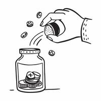 Person inserting a coin into a glass jar labeled Savings concept as A person inserting a coin into a glass jar labeled Savings symbolizing personal finance management cost saving h v1 vector