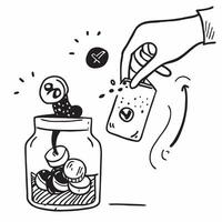 Person inserting a coin into a glass jar labeled Savings concept as A person inserting a coin into a glass jar labeled Savings symbolizing personal finance management cost saving h Clean Version 2 vector
