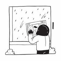 Person looking through rainy window concept as High resolution image of a person looking through a rainy window with a glossy backdrop evoking introspection and calmness during the v1 vector
