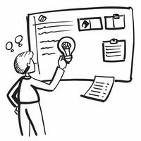 Manager with light bulb and whiteboard concept as A manager holding a light bulb next to a whiteboard representing the visualization and planning of new ideas for work in Photo St v1 vector