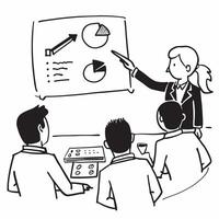 Manager discussing quarterly results with team at lunch concept as A manager presenting and discussing quarterly results with the team during a business lunch highlighting performa v1 vector