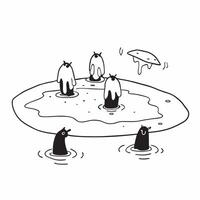 Ice covered penguins concept as High resolution image of ice covered penguins standing on a shrinking ice sheet with a glossy backdrop symbolizing the effects of high carbon emissi v1 vector