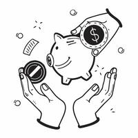 Hands holding a piggy bank and coins concept as Hands holding a piggy bank and coins symbolizing saving money financial security and smart financial management practices in Photo v1 vector