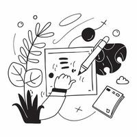 Graphic designer sketching ideas on a tablet in a botanical garden concept as A graphic designer sketching ideas on a tablet in a botanical garden showcasing the creativity and ins v1 vector