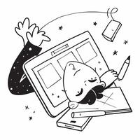 Graphic designer asleep on tablet concept as A graphic designer asleep on their tablet in a creative workspace illustrating the long hours and dedication to producing visual conten v1 vector