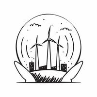 Glossy wind turbines in lush field concept as Glossy image of wind turbines in a vibrant green field under a clear blue sky representing green energy and sustainable solutions for v1 vector
