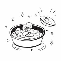Glossy Spanish seafood stew concept as Glossy bowl of rich Spanish seafood stew filled with clams mussels shrimp and fish garnished with herbs perfect for a luxurious dining experi v1 vector