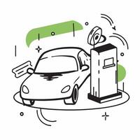 Glossy electric car charging station concept as High resolution image of a glossy electric car at a charging station set against a vibrant green backdrop symbolizing green mobility v1 vector