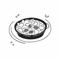 Glossy black plate with seafood paella concept as High angle view of a glossy black plate filled with vibrant seafood paella garnished with lemon slices set against a sleek reflect v1 vector