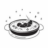 Glossy black squid ink paella concept as Glossy black squid ink paella served in a stylish dish topped with fresh seafood and garnished with lemon wedges showcasing a luxurious Spa v1 vector