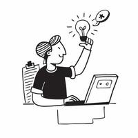 Freelancer with light bulb at home concept as A freelancer holding a light bulb in a home office highlighting the generation of new ideas in a flexible work environment in Photo S v1 vector