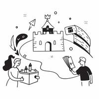 Exploring a medieval castle concept as Tourists exploring a medieval castle learning about its history and architecture Ideal for content about travel history and cultural explora v1 vector