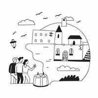 Exploring a coastal town concept as Tourists exploring a charming coastal town visiting shops cafes and enjoying the seaside atmosphere Perfect for content about travel culture an v1 vector