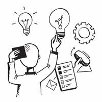 Executive with light bulb and tablet concept as An executive holding a light bulb and tablet representing the implementation of new ideas in a tech driven environment in Photo Sto v1 vector