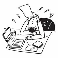 Employee working late with a messy desk concept as An employee working late at a messy desk representing poor time management stress and low performance in meeting deadlines in Ph v1 vector