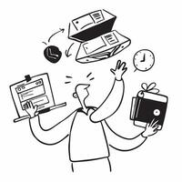 Employee multitasking with various devices concept as An employee multitasking with various devices representing the challenges and low performance in time management due to lack o v1 vector