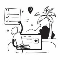 Digital marketer analyzing data on a laptop at a beach resort concept as A digital marketer analyzing data on a laptop at a beach resort highlighting the flexibility and efficiency v1 vector