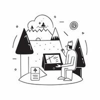 Digital nomad working on a tablet at a mountain cabin concept as A digital nomad working on a tablet at a mountain cabin showcasing the blend of work and adventure surrounded by th v1 vector