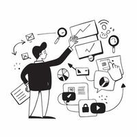 Digital marketer planning social media campaign concept as A digital marketer planning a social media campaign using various digital tools and platforms emphasizing the role of mar v1 vector