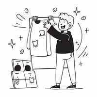 Customer trying on clothes during sale concept as A customer happily trying on clothes in a fitting room during the half year sale showcasing joy satisfaction and shopping experien v1 vector