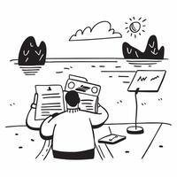 Consultant reviewing documents on a laptop by a lakeside dock concept as A consultant reviewing documents on a laptop by a lakeside dock showcasing the blend of work and leisure wi v1 vector