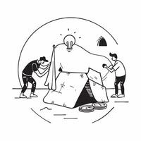 Campers setting up tent concept as High resolution image of campers setting up a tent on a trail with a glossy backdrop capturing the essence of outdoor adventure and teamwork in b v1 vector